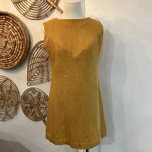 Vintage Handmade Mustard Sleeveless Shift Dress Wool Tweed Mod Retro Mini 90s S